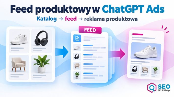 Schemat pokazujący katalog produktów, feed i reklamę produktową w ChatGPT Ads.