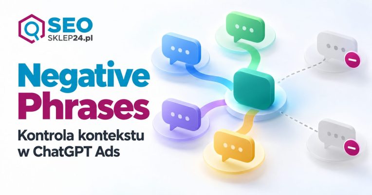 Ilustracja Negative Phrases w ChatGPT Ads z rozgałęzieniem kontekstów i symbolami wykluczenia.
