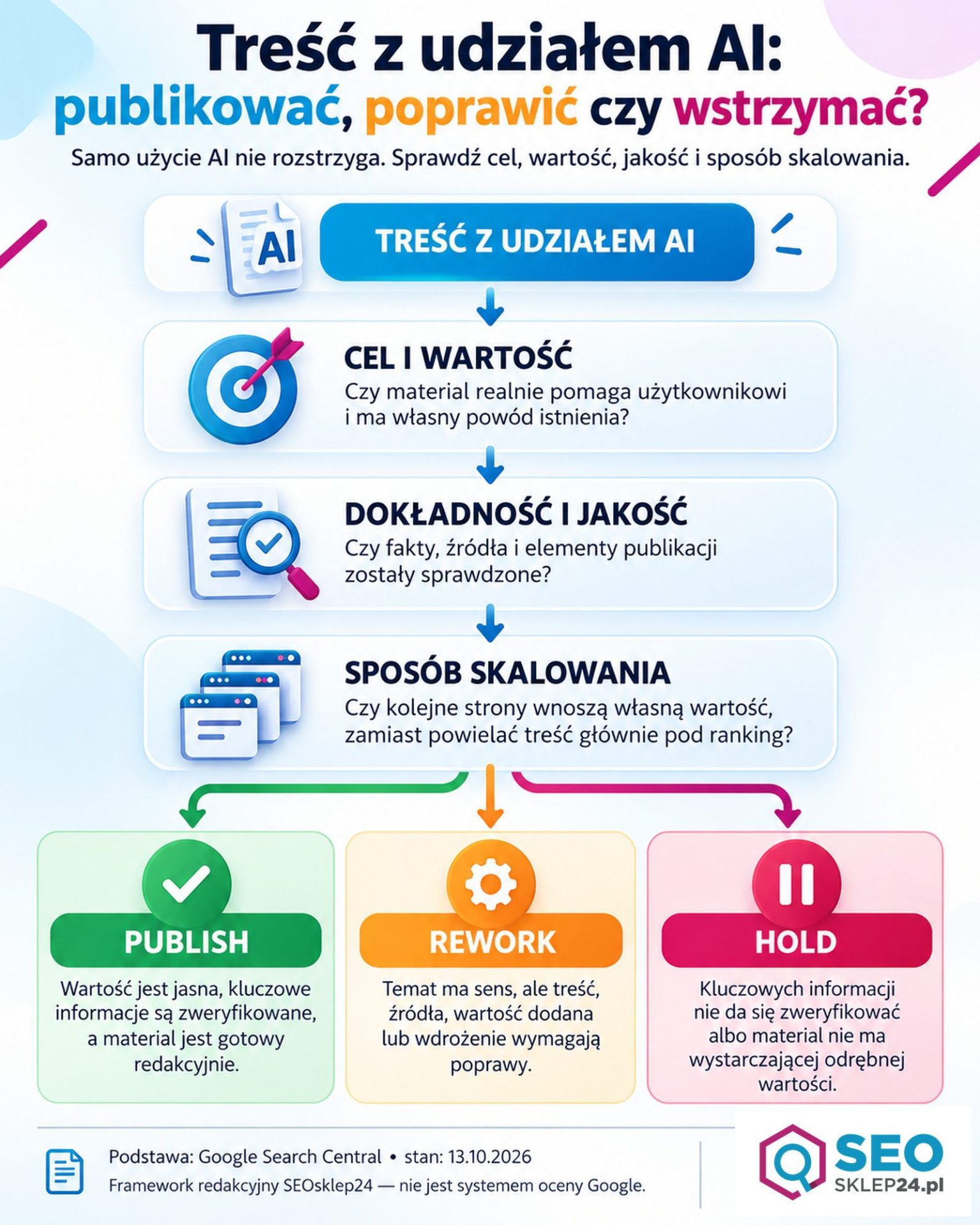 Infografika przedstawiająca trzy etapy oceny treści z udziałem AI oraz decyzje PUBLISH, REWORK i HOLD.