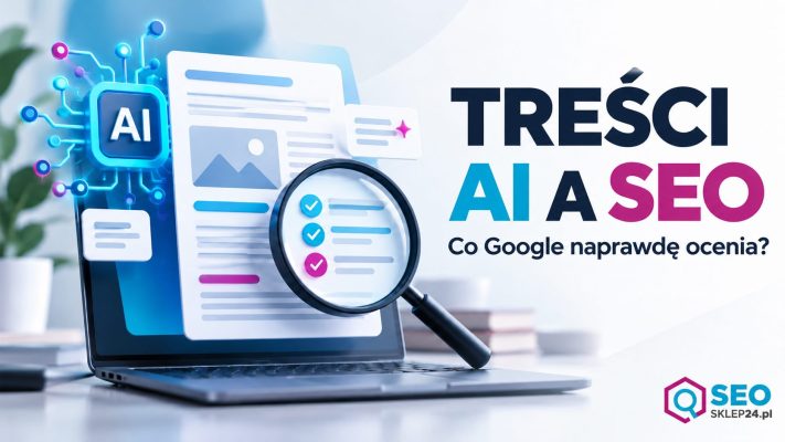 Grafika wyróżniająca artykuł o treściach tworzonych z AI i ich ocenie w SEO według zasad Google.